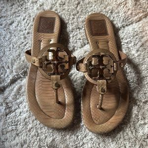 Tory Burch Miller Sandal Tan/Beige Snake Skin with Gold Emblem